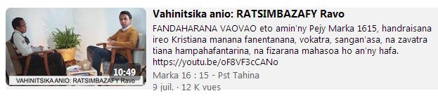 YouTube Marka 16 15 - Pasitera Tahina Rahandrifenosoa - fampianarana Soratra Masina Baiboly tena tsara