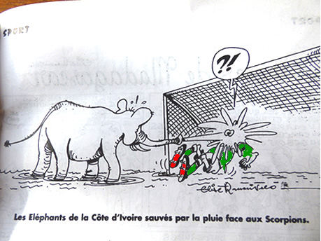 foot, caricature d Elise Ranarivelo, les SCORPIONS de Madagascar face aux ELEPHANTS de la Cote d Ivoire